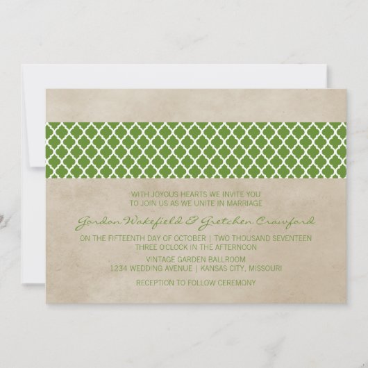Green Rustic Quatrefoil Wedding Invite Kaart (Voorkant)