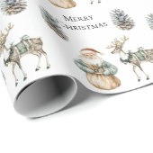 Green Rustic Santa Christmas Pinecone Deer Cadeaupapier (Rol Hoek)