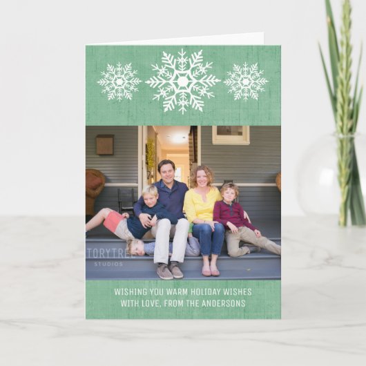 Green Rustic Snowflake Holiday Foto Feestdagen Kaart (Voorkant)
