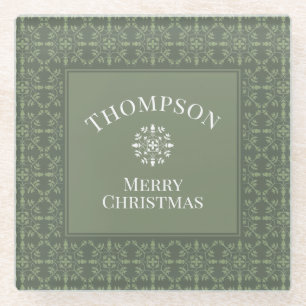 Green Rustic Snowflake Holiday Kerstfamilie Glazen Onderzetter