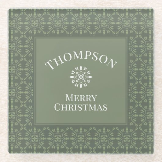 Green Rustic Snowflake Holiday Kerstfamilie Glazen Onderzetter (Voorkant)