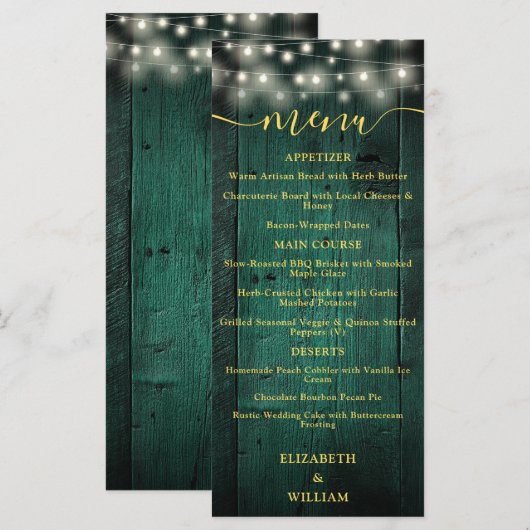 Green Rustic String Lights Schuur Hout Wedding Men Menu (Voorkant / Achterkant)