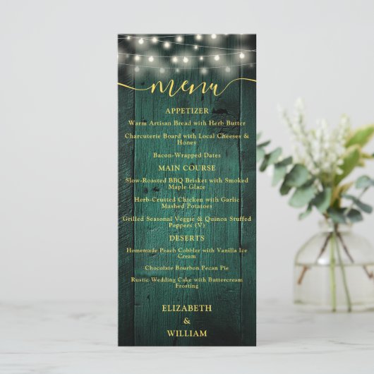 Green Rustic String Lights Schuur Hout Wedding Men Menu (Staand voorkant)
