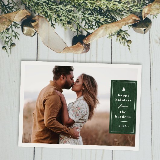 Green Rustic Tree Woodgrain Christmas Photo Card Kaart