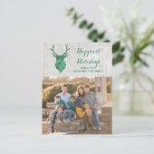 Green Rustic Waterverf Deer Holiday Foto Feestdagenkaart (Staand voorkant)