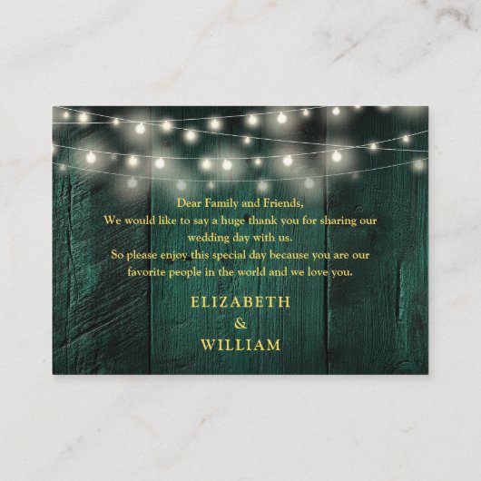 Green Rustic Wood String Lights Wedding Dank u Plaatskaartje (Achterkant)
