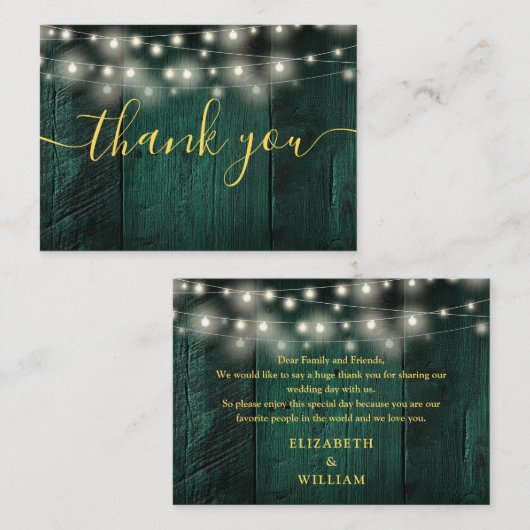 Green Rustic Wood String Lights Wedding Dank u Plaatskaartje (Voorkant / Achterkant)