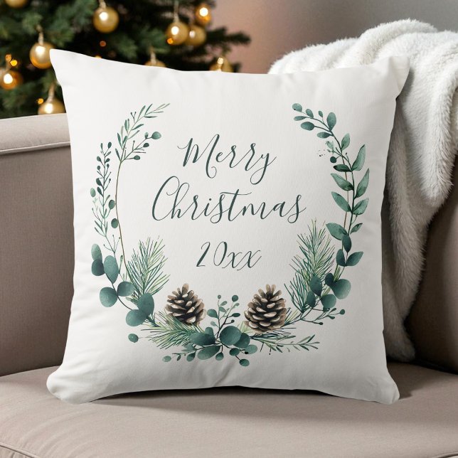 Green Rustic Wreath Farmhouse Merry Christmas Kussen (Green Rustic Wreath Farmhouse Merry Christmas Throw Pillow)