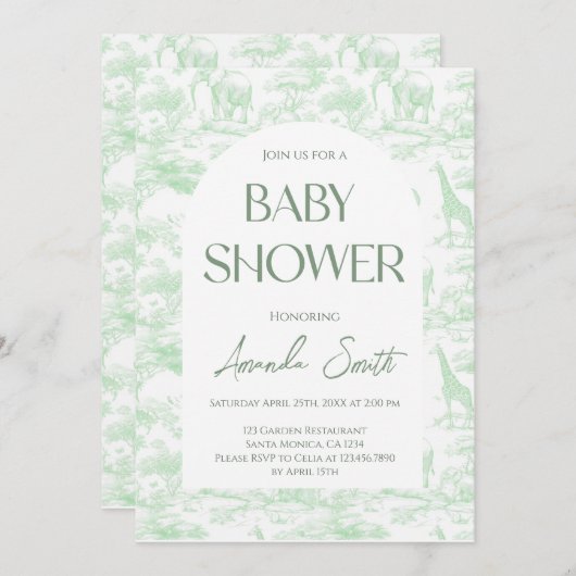 Green Safari Animals Toile de Jouy Baby shower Kaart (Voorkant / Achterkant)