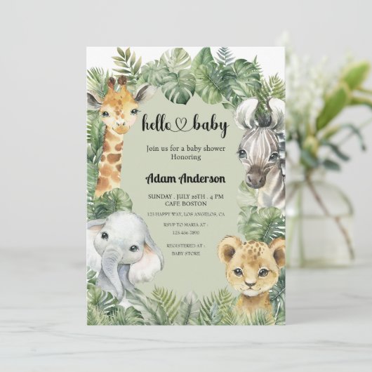 Green Safari Baby shower Invitation – Oerwoud Anim Kaart (Staand voorkant)