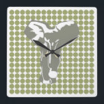 Green Safari Dot met Pop Art Elephant Vierkante Klok<br><div class="desc">Mod polka-puntenpatroon in het Safari-kleurenpalet van Emporio Moffa met Pop Art Elephant-design op voorzijde en gewone stippen op achterzijde.</div>