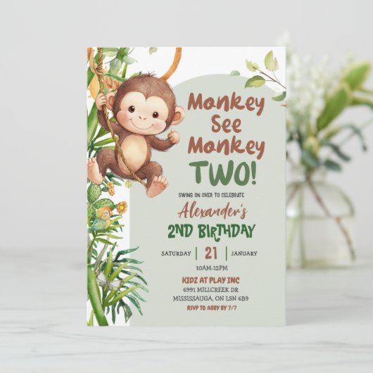Green Safari Monkey See Monkey Two 2nd Birthday Kaart (Staand voorkant)