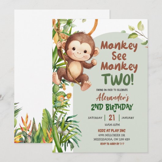 Green Safari Monkey See Monkey Two 2nd Birthday Kaart (Voorkant / Achterkant)