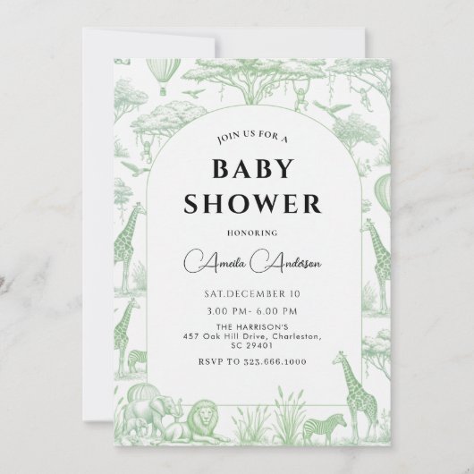 Green Safari Toile De Jouy Boy Baby Shower  Kaart (Voorkant)