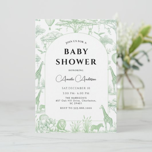 Green Safari Toile De Jouy Boy Baby Shower  Kaart (Staand voorkant)