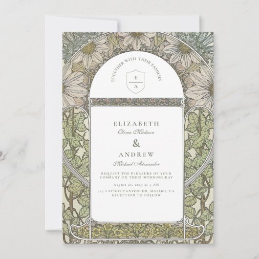 Green Sage Art Nouveau bruiloft Kaart (Voorkant)
