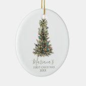 Green Sage Bow Pine Trees First Christmas Keramisch Ornament (Rechts)