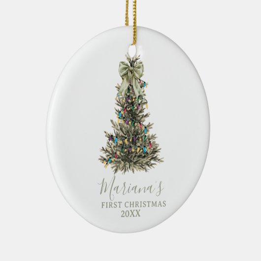 Green Sage Bow Pine Trees First Christmas Keramisch Ornament (Rechts)