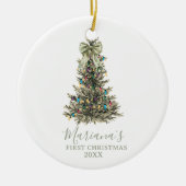 Green Sage Bow Pine Trees First Christmas Keramisch Ornament (Voorkant)