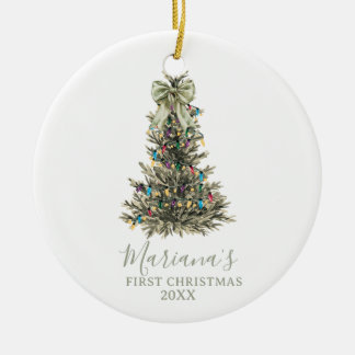 Green Sage Bow Pine Trees First Christmas Keramisch Ornament