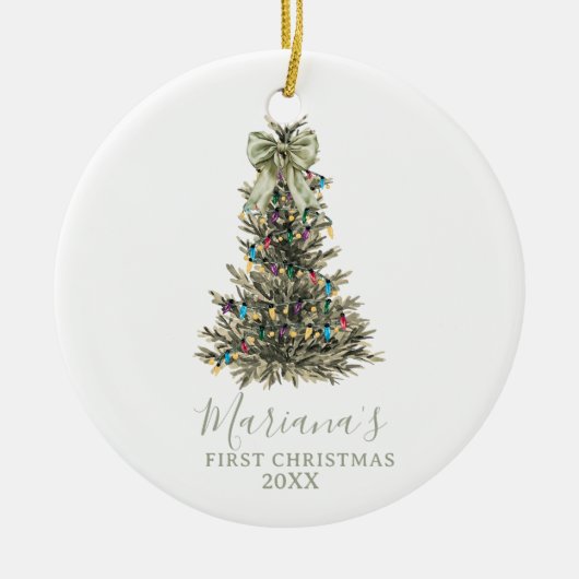 Green Sage Bow Pine Trees First Christmas Keramisch Ornament (Voorkant)