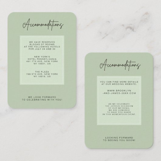 Green Sage Minimal Wedding Accommodation Informatiekaartje (Voorkant / Achterkant)