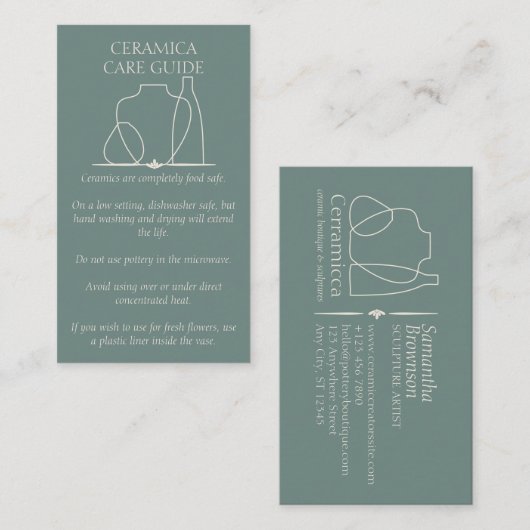 Green Sage Pottery Vase Ceramic Care Instruction Visitekaartje (Voorkant / Achterkant)