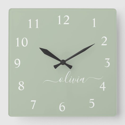 Green Sage Script Monogram Girly Name Vierkante Klok (Voorkant)