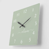 Green Sage Script Monogram Girly Name Vierkante Klok (Hoek)