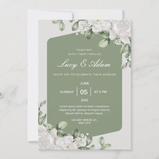 Green Sage White Floral Wedding Invitation Kaart (Voorkant)