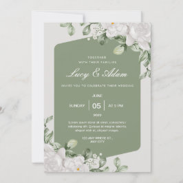 Green Sage White Floral Wedding Invitation Kaart