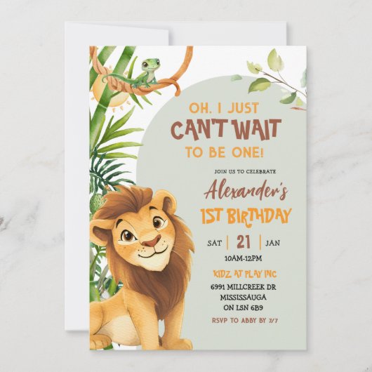 Green Savannah Lion Theme First Birthday Kaart (Voorkant)