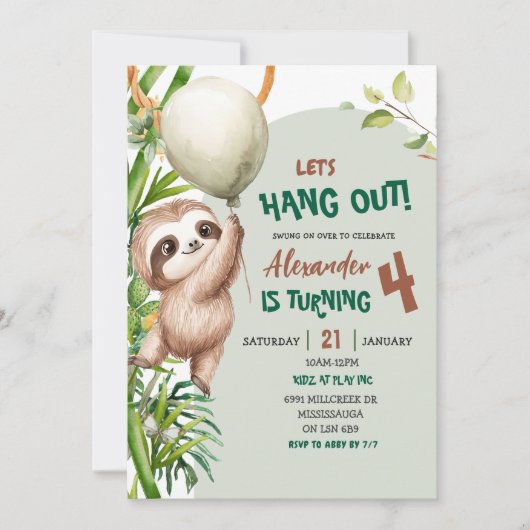 Green Savannah Sloth Let's Hang Out Birthday Kaart (Voorkant)