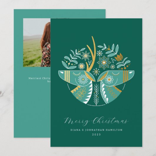 Green Scandi Reindeer Pair Kerstmis Feestdagenkaart (Voorkant / Achterkant)