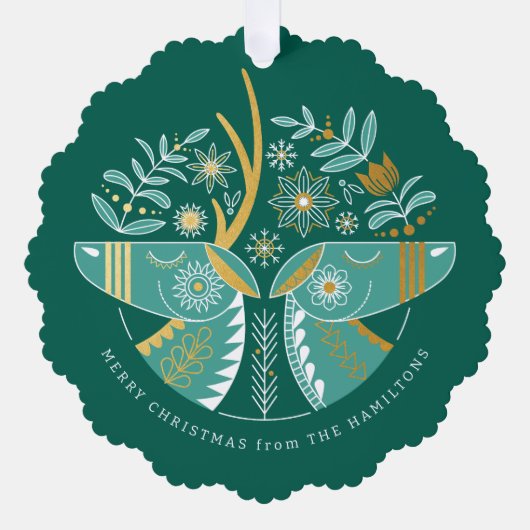 Green Scandi Reindeer Pair Kerstmis Ornament Kaart (Voorkant)