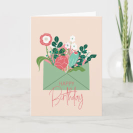 Green Scandinavian Floral Birthday Card Kaart