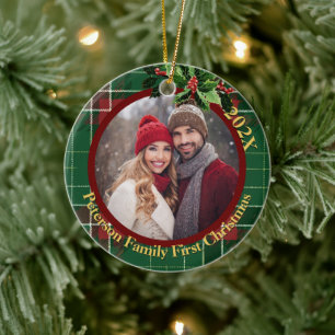 Green Scottish Plaid   Onze eerste kerstfoto Keramisch Ornament