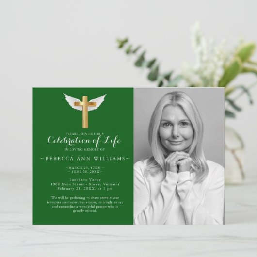 Green Script Elegant Photo Celebration of life Kaart (Staand voorkant)