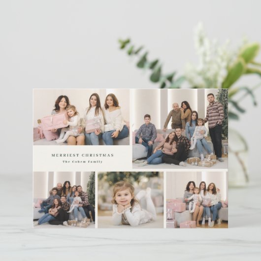 Green Script Merriest Christmas Five Photo Collage Feestdagenkaart (Staand voorkant)
