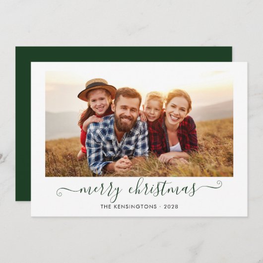 Green Script Merry kerstfeestdag foto Feestdagenkaart (Voorkant / Achterkant)