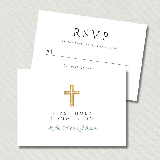 Green Script Religious Cross Boy First Communion  RSVP Kaartje