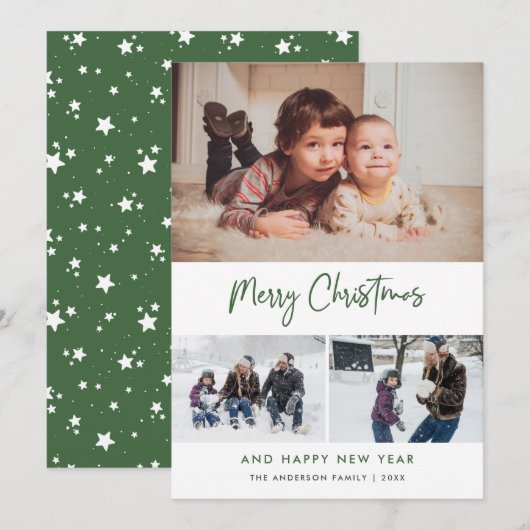 Green Script Stars Christmas 3 Photo Collage Feestdagenkaart (Voorkant / Achterkant)