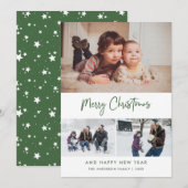 Green Script Stars Christmas 3 Photo Collage Feestdagenkaart (Voorkant / Achterkant)