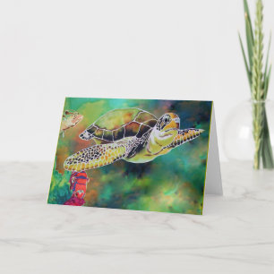 Green Sea Turtle Silk Painting Kaart