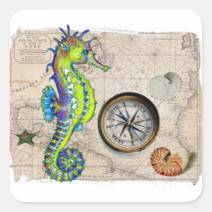 Green Seahorse Compass Vierkante Sticker