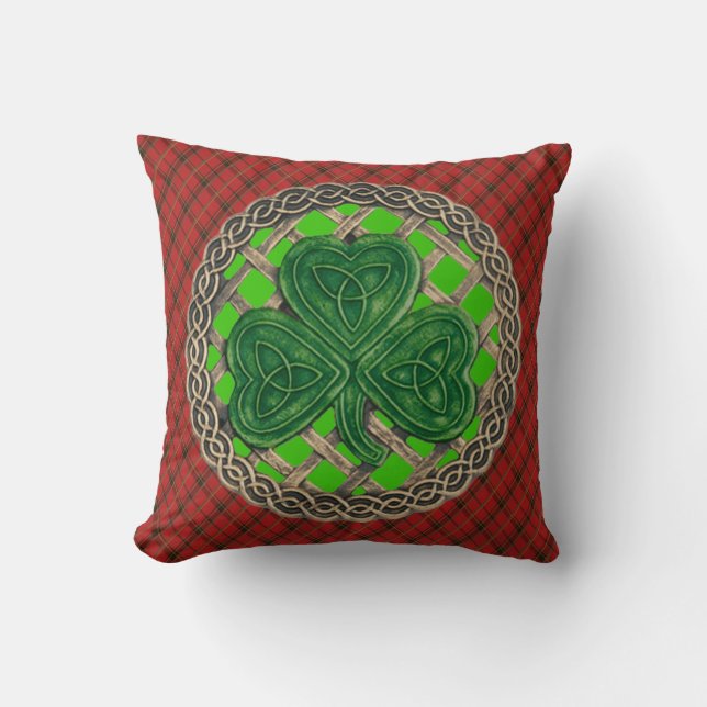 Green Shamrock Celtic Knoopt on Red Play Kussen (Voorkant)