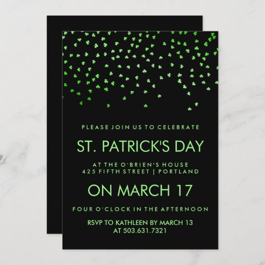 Green Shamrock Confetti op Black St Patrick's Day Kaart (Voorkant / Achterkant)