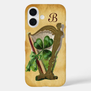 GREEN SHAMROCK HARP PARCHMENT MONOGRAM iPhone 16 HOESJE