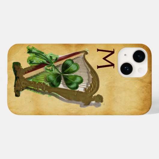 GREEN SHAMROCK HARP PARCHMENT MONOGRAM Case-Mate iPhone CASE (Achterkant (horizontaal))