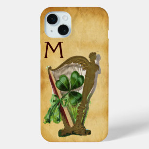 GREEN SHAMROCK HARP PARCHMENT MONOGRAM iPhone 15 MINI HOESJE